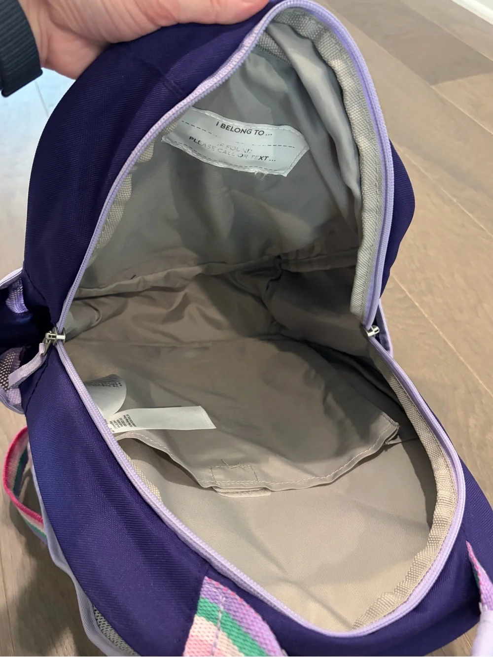 “Emily” SMALL PBK backpack, 15”, purple rainbow heart galaxy. USED
